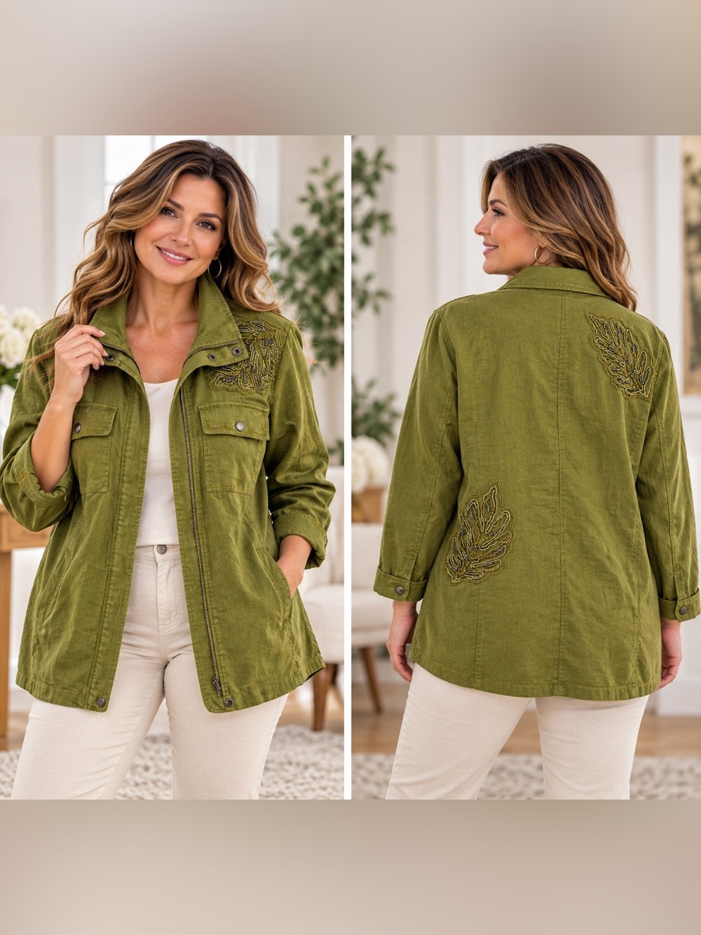 Chico's Olive Green Embroidered Utility Jacket
